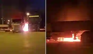 Park halindeki tırları ateşe verdiler